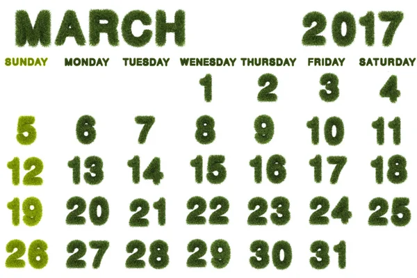 Calendario per marzo 2017 su sfondo bianco, 3d rendering erba verde — Foto Stock