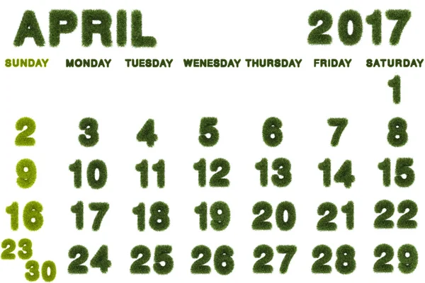 Calendário para 2017 no fundo branco, 3d renderização grama verde — Fotografia de Stock