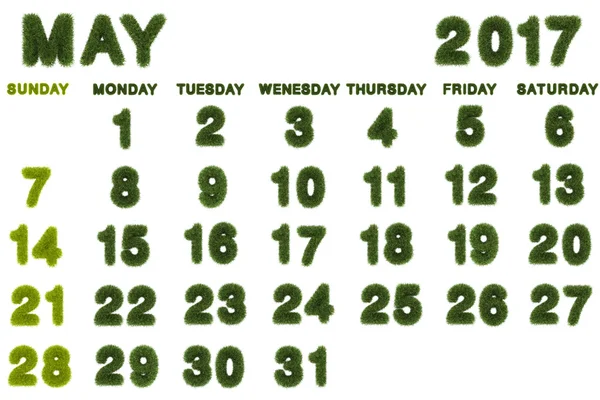 Календарь на май 2017 года на белом фоне, 3d рендеринг зеленой травы — стоковое фото