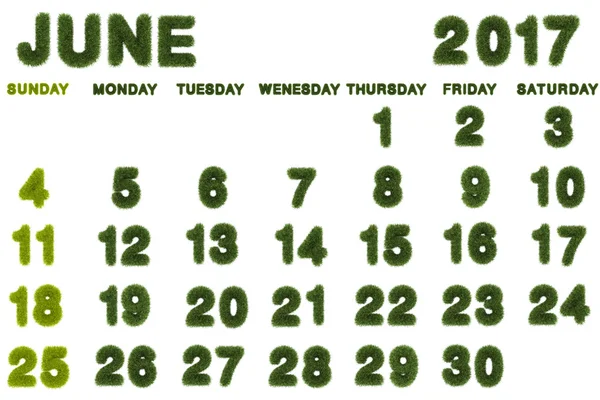 Calendar for June 2017 on white background,3d rendering green grass — Stock Photo, Image