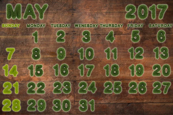 Kalender voor mei 2017 op hout achtergrond, 3D-rendering — Stockfoto