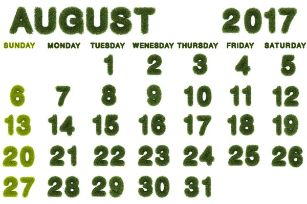 Kalender voor augustus 2017 op witte achtergrond, 3D-rendering groen gras — Stockfoto