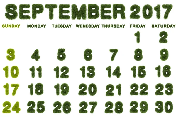 Calendario para septiembre 2017 sobre fondo blanco, 3d renderizado hierba verde —  Fotos de Stock