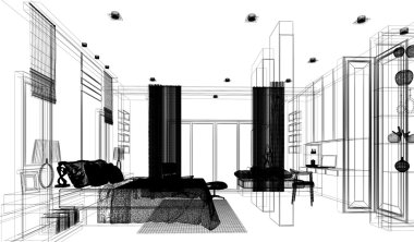 soyut kroki tasarım iç yatak odası, 3d render