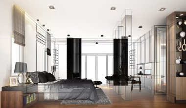 soyut kroki tasarım iç yatak odası, 3d render