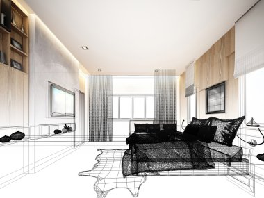 soyut kroki tasarım iç yatak odası, 3d render