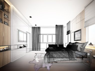 soyut kroki tasarım iç yatak odası, 3d render