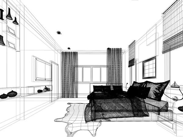 인테리어 침실, 3d 렌더링의 추상적인 스케치 디자인 — 스톡 사진