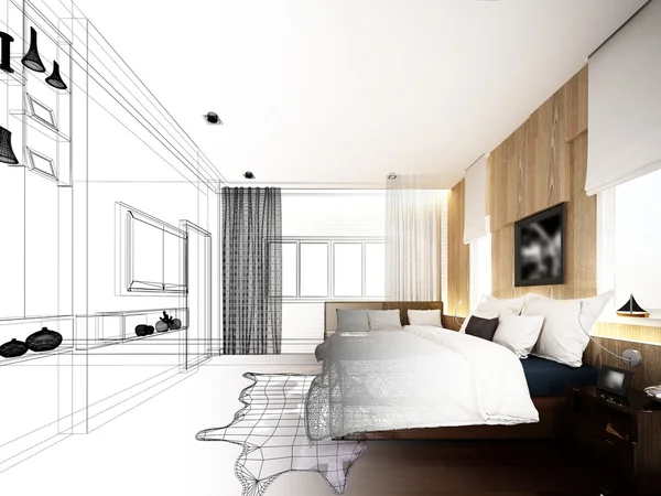 Diseño abstracto del boceto del dormitorio interior, representación 3d — Foto de Stock