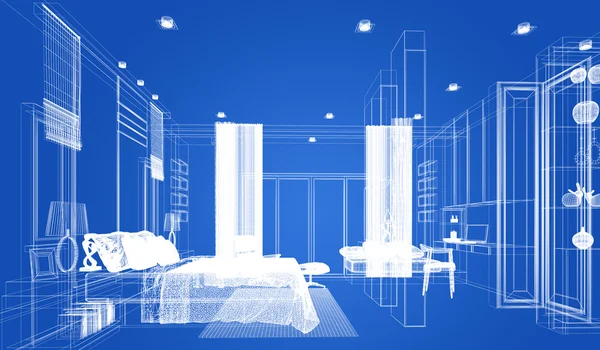 Design abstract schiță de dormitor interior, redare 3D — Fotografie, imagine de stoc
