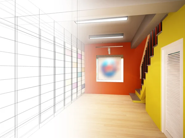 Disegno schizzo di sala scala interna, rendering 3d — Foto Stock