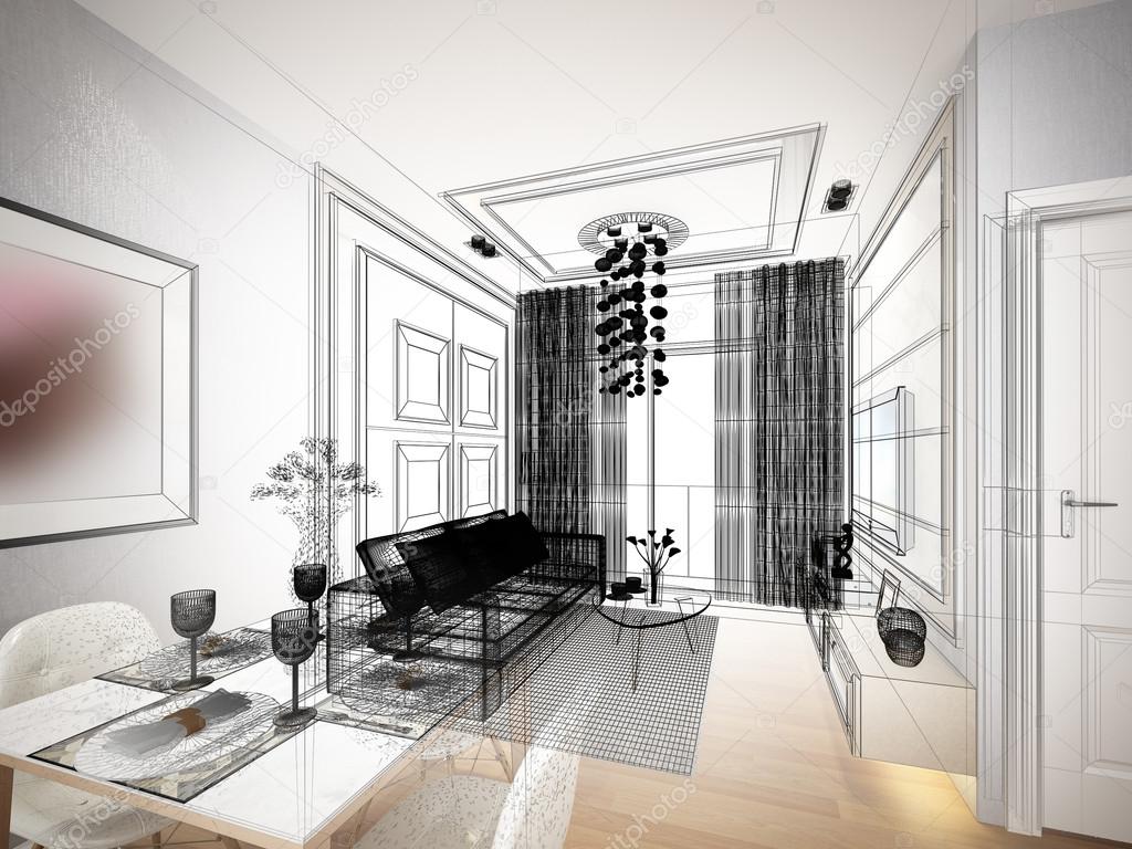 sketch design of living ,3dwire frame render 