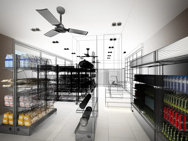 Croquis conception du supermarché, rendu 3d — Photo