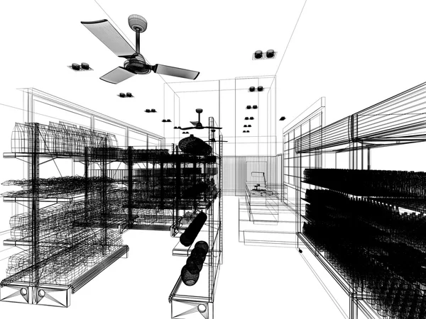 Disegno schizzo di supermercato, rendering 3d — Foto Stock