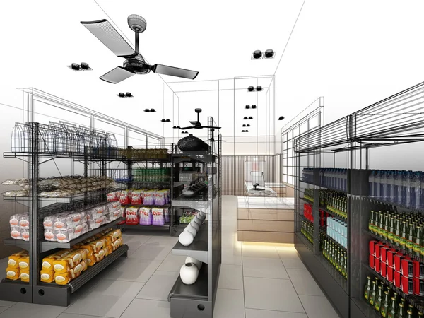 süpermarket, 3d render tasarım kroki
