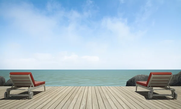 Sofá cama en la terraza de madera en vista al mar, imagen de renderización 3D —  Fotos de Stock