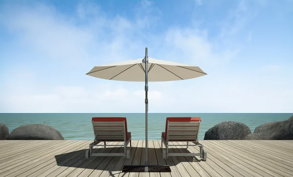 Sofá cama con sombrilla en la terraza de madera en vista al mar, imagen de representación 3D — Foto de Stock