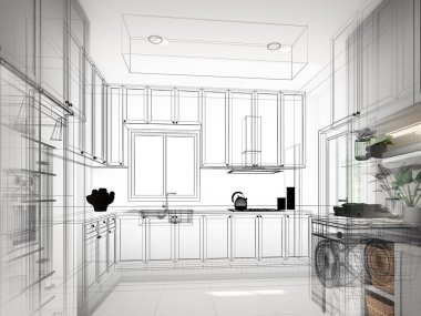 Mutfak odasının soyut tasarımı, 3D görüntüleme 