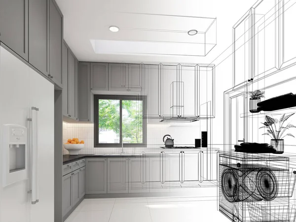 Desain Sketsa Abstrak Dari Ruang Dapur Render — Stok Foto