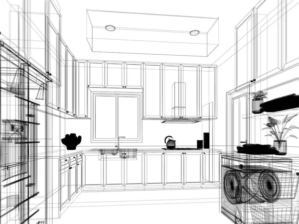 Abstract Sketch Design Kitchen Room Rendering — Stock Photo, Image