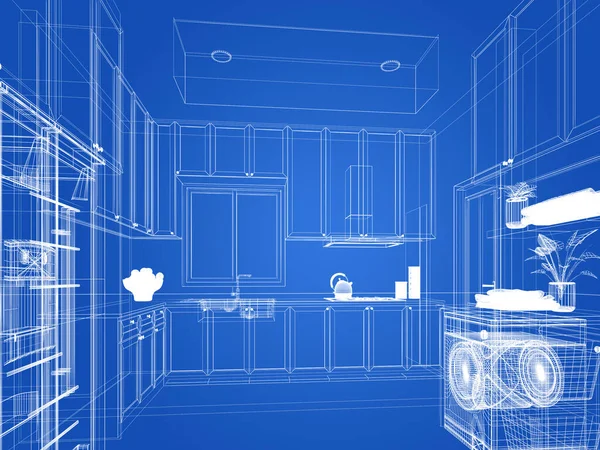 厨房设计图摘要 3D渲染 — 图库照片