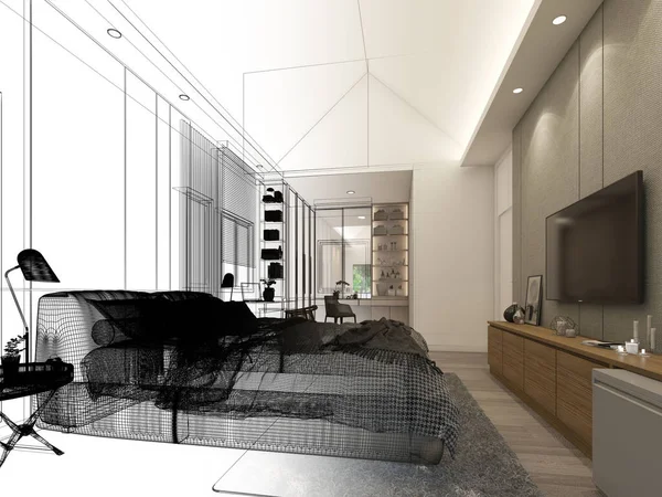 室内リビングルームのスケッチデザイン3Dレンダリング — ストック写真