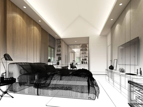 Diseño Boceto Sala Estar Interior Renderizado — Foto de Stock