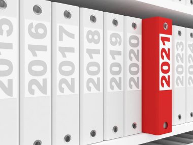 Ofis klasörleri raflarda. Yeni yıl 2021 konsepti. 3d oluşturma