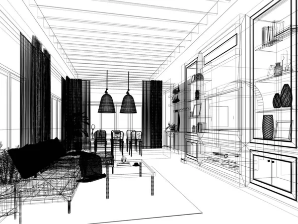 Sketch Design Interior Living Room Rendering — Stock Photo, Image