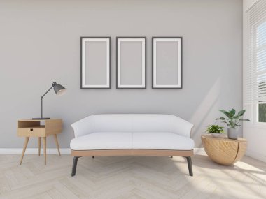 Resim çerçeveli, okuma lambalı, 3 boyutlu gri odada bir kanepe.