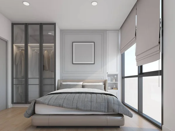 bed in room with picture frame and wardrobe, 3d rendering