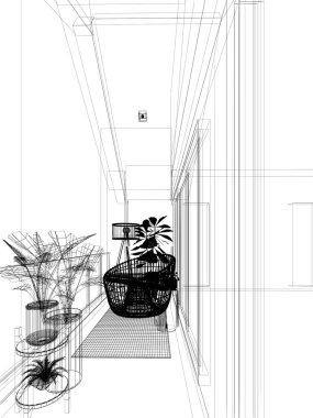 Tahta terasında ağaç olan rahat koltuk, üç boyutlu rendeing