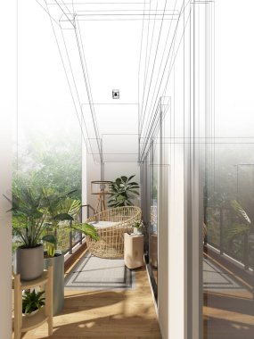 Tahta terasında ağaç olan rahat koltuk, üç boyutlu rendeing