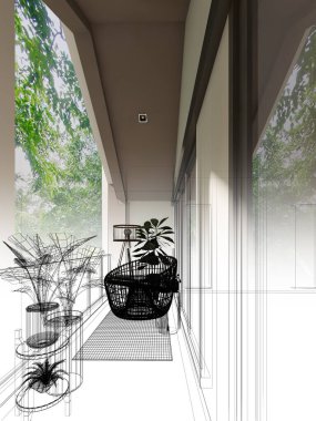 Tahta terasında ağaç olan rahat koltuk, üç boyutlu rendeing