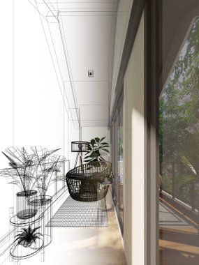 Tahta terasında ağaç olan rahat koltuk, üç boyutlu rendeing