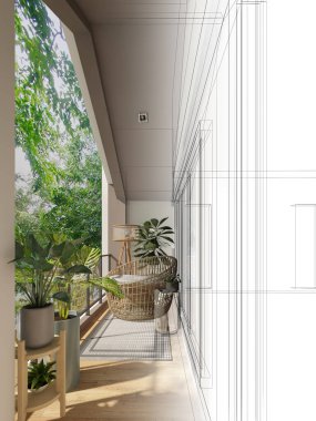 Tahta terasında ağaç olan rahat koltuk, üç boyutlu rendeing