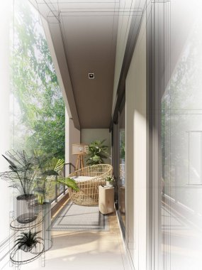 Tahta terasında ağaç olan rahat koltuk, üç boyutlu rendeing