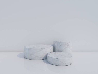  Beyaz arka planda beyaz mermer kürsü. 3d oluşturma. 