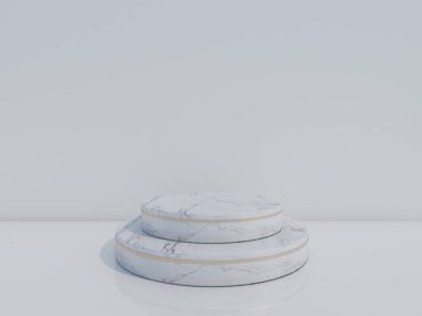  Beyaz arka planda beyaz mermer kürsü. 3d oluşturma. 