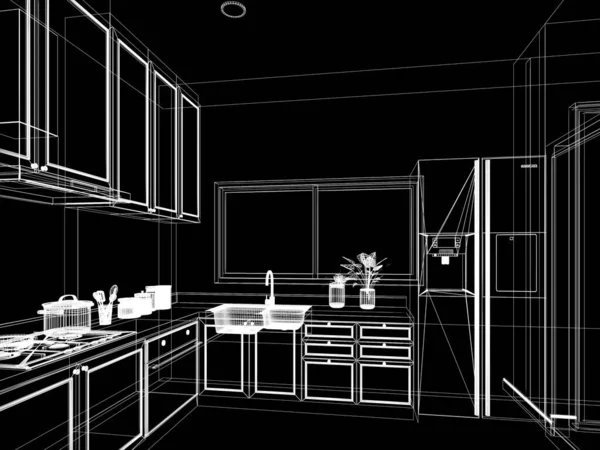 Abstract Sketch Design Kitchen Room Rendering — Stock Photo, Image