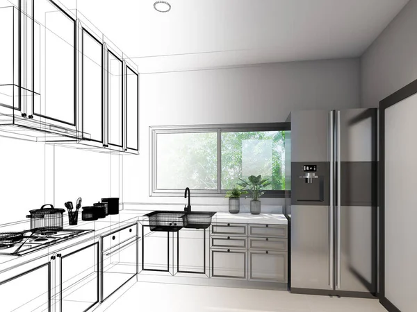 Desenho Esboço Abstrato Sala Cozinha Renderização — Fotografia de Stock