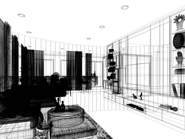 sketch design of interior living, 3d rendering