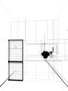 İç mutfağın soyut çizim tasarımı, 3D görüntüleme