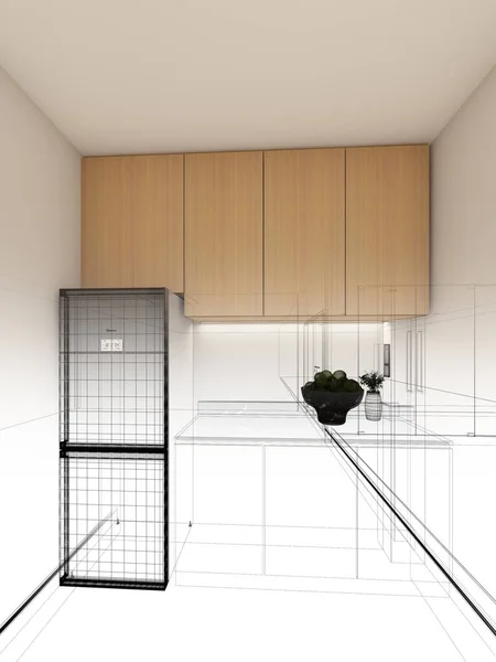 Desenho Esboço Abstrato Cozinha Interior Renderização — Fotografia de Stock