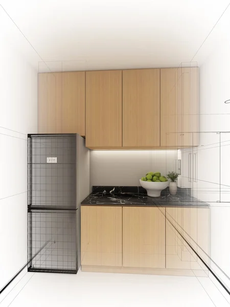 室内厨房的抽象草图设计 3D渲染 — 图库照片