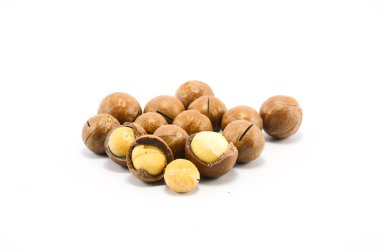 Beyaz arka planda kabuklu ve kabuksuz Macadamia fındıkları
