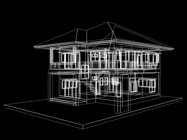 Abstrakte Skizze eines Hauses auf schwarzem Hintergrund, 3dwire frame render — Stockfoto