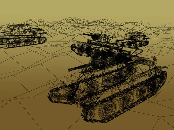 Strijd tank op zand draadframe, oorlog concept — Stockfoto