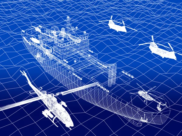 Warship with helicopter 3d wire frame on water — Stock Photo, Image