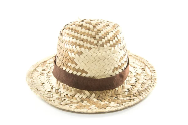Ψάθινο καπέλο υφασμένα με καφέ ζώνη που απομονώνονται σε λευκό φόντο — Φωτογραφία Αρχείου